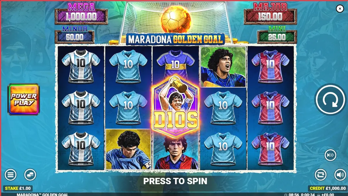Tampilan visual slot Maradona Golden Goal dengan elemen sepak bola