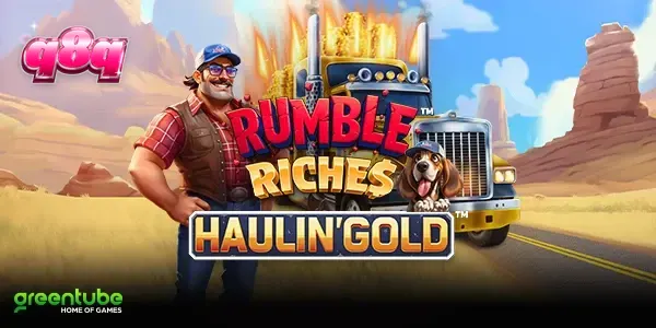 Tampilan visual neon dari slot Rumble Riches Haulin Gold dengan ikon truk yang mencolok